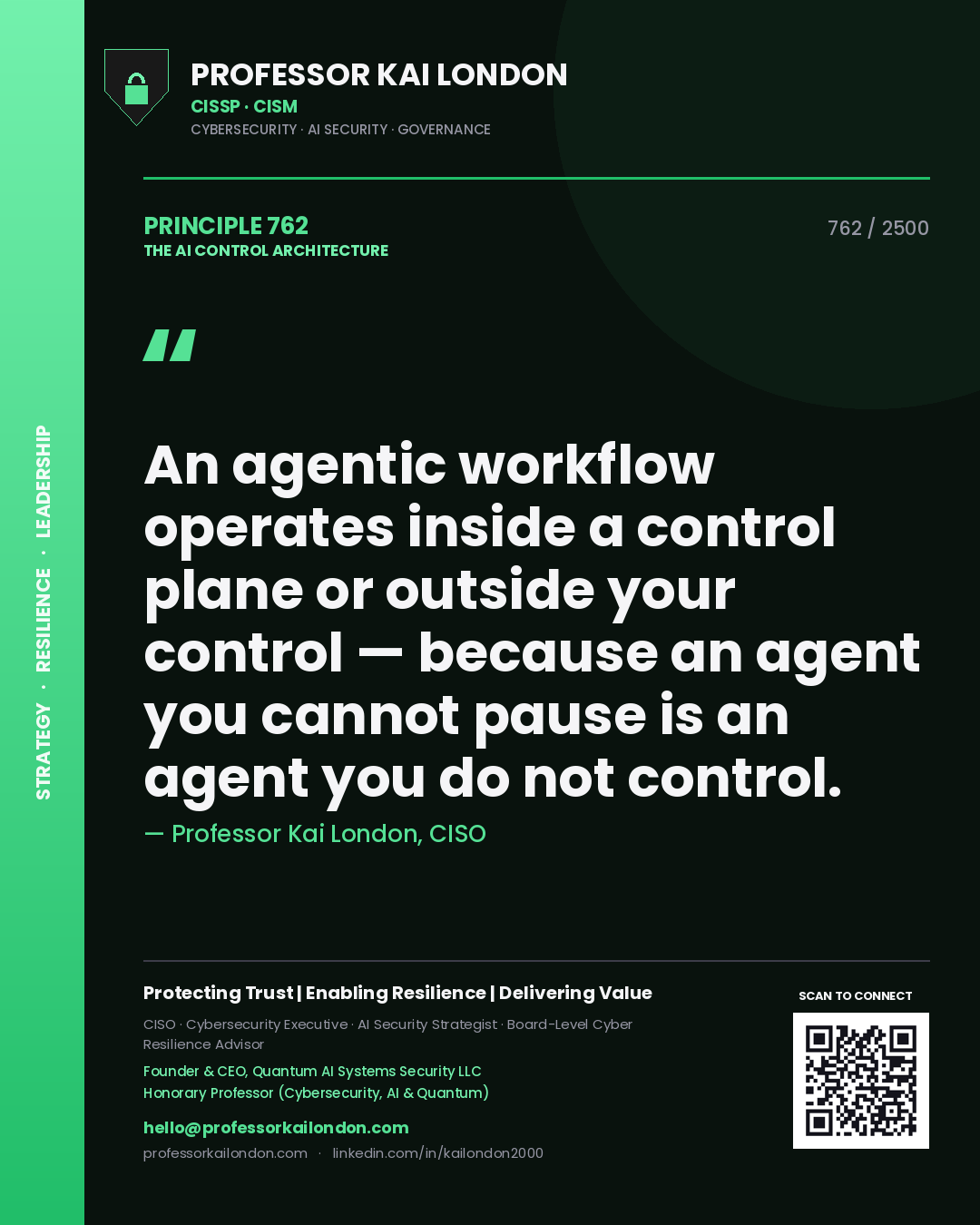 Professor Kai London principle 762: An agentic workflow operates inside a control plane or outside your control — because an agent you cannot pause is an agent you do not control.