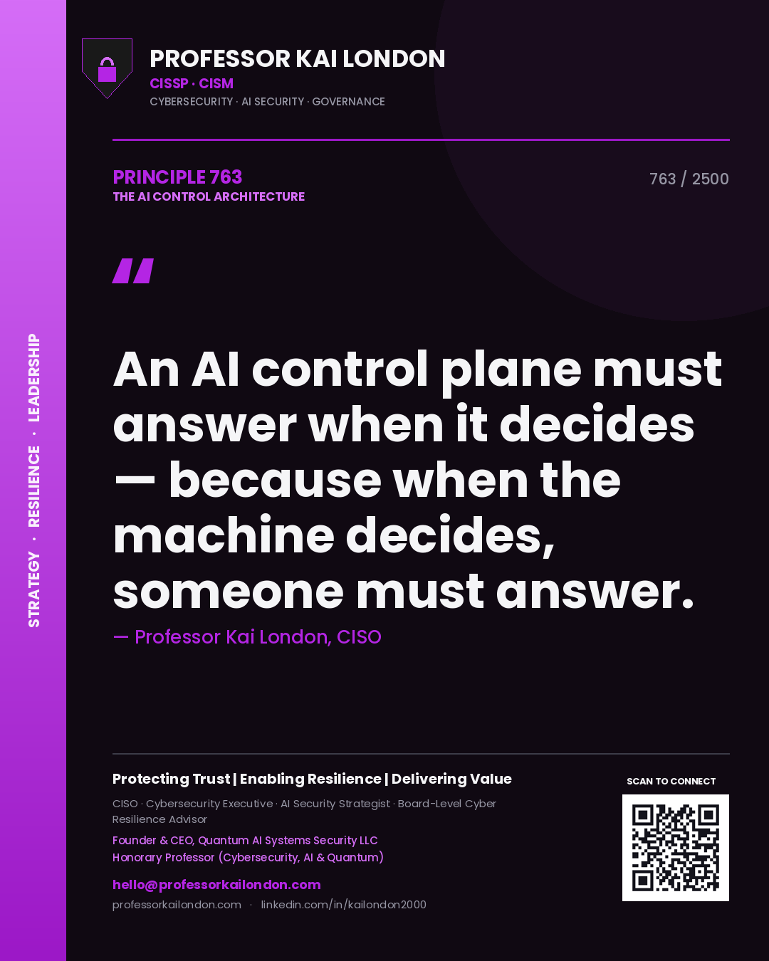 Professor Kai London principle 763: An AI control plane must answer when it decides — because when the machine decides, someone must answer.