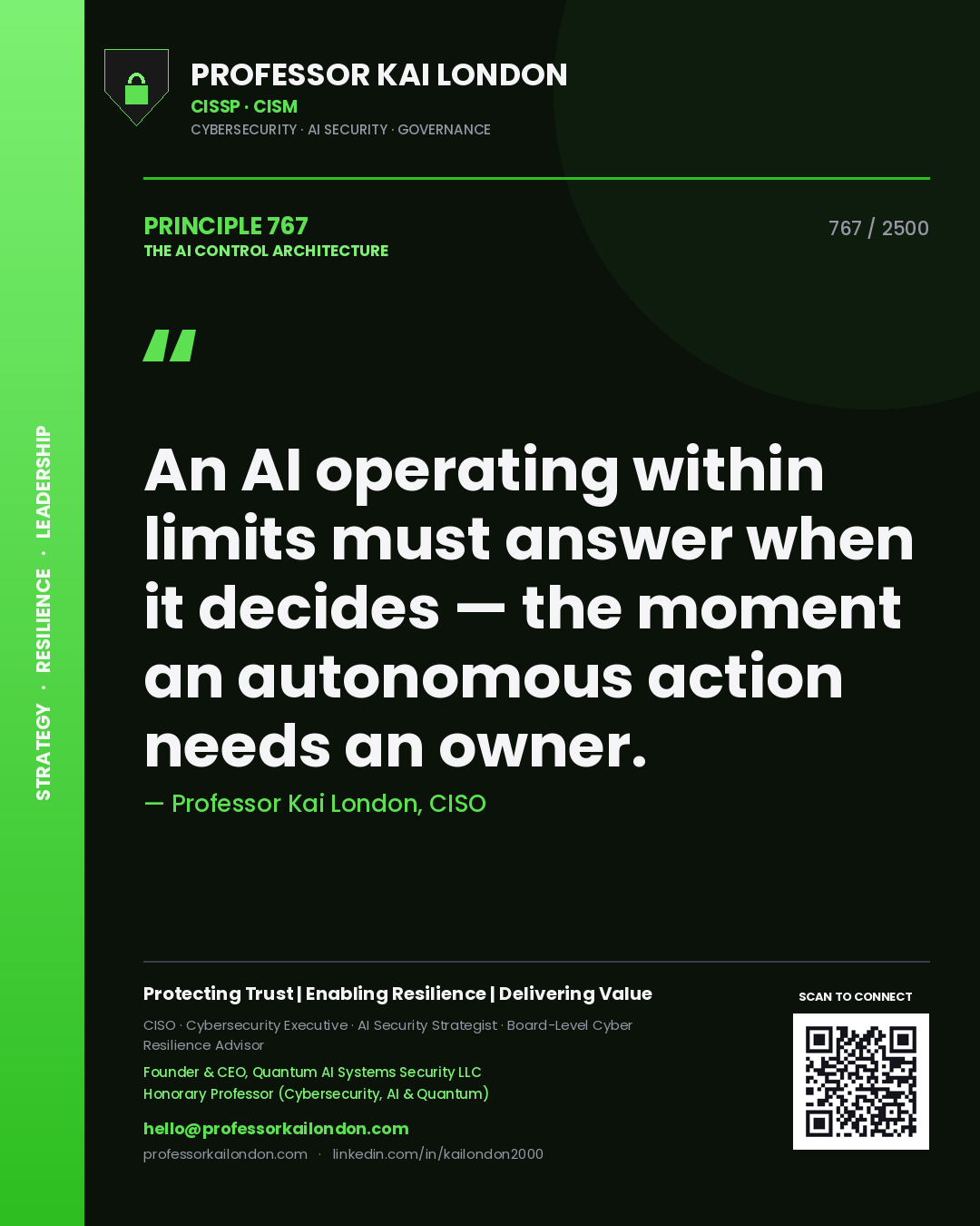 Quote card by Professor Kai London reading 'An AI operating within limits must answer when it decides — the moment an autonomous action needs an owner.'. From the book The AI Control Architecture.