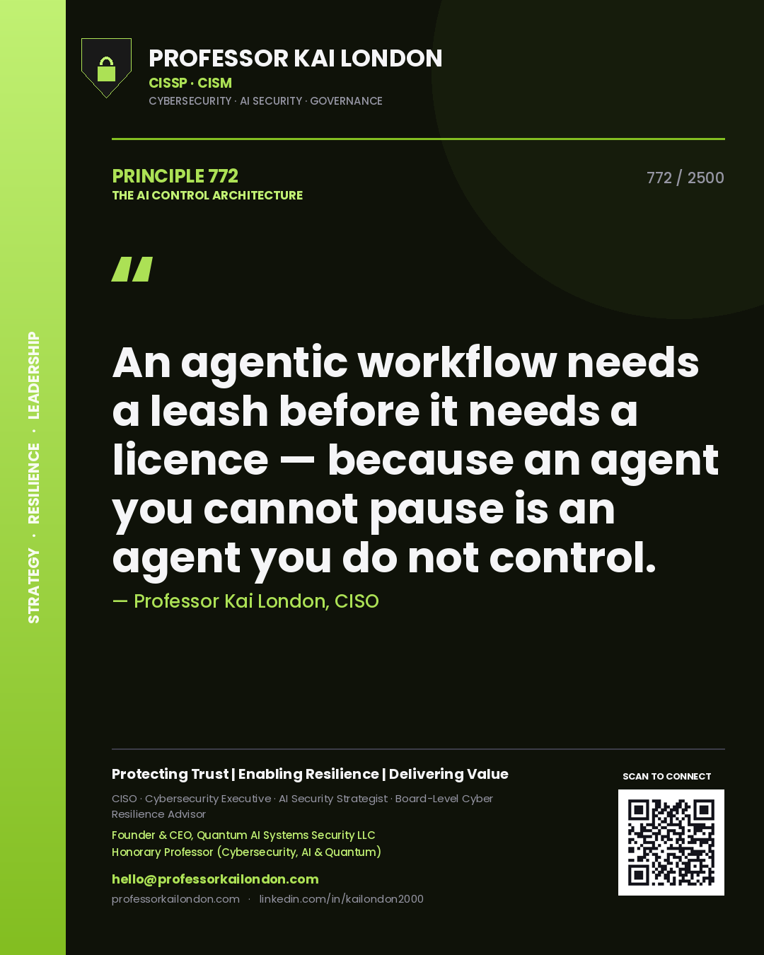 Professor Kai London principle 772: An agentic workflow needs a leash before it needs a licence — because an agent you cannot pause is an agent you do not control.