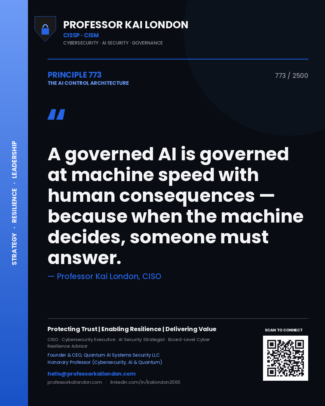 Quote card by Professor Kai London reading 'A governed AI is governed at machine speed with human consequences — because when the machine decides, someone must answer.'. From the book The AI Control Architecture.