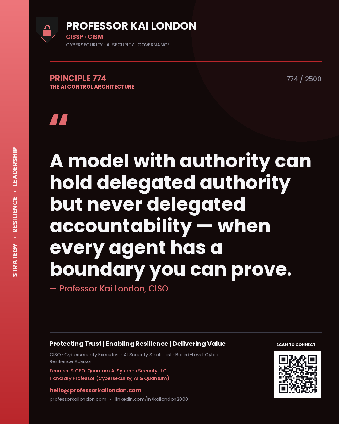 Professor Kai London principle 774: A model with authority can hold delegated authority but never delegated accountability — when every agent has a boundary you can prove.