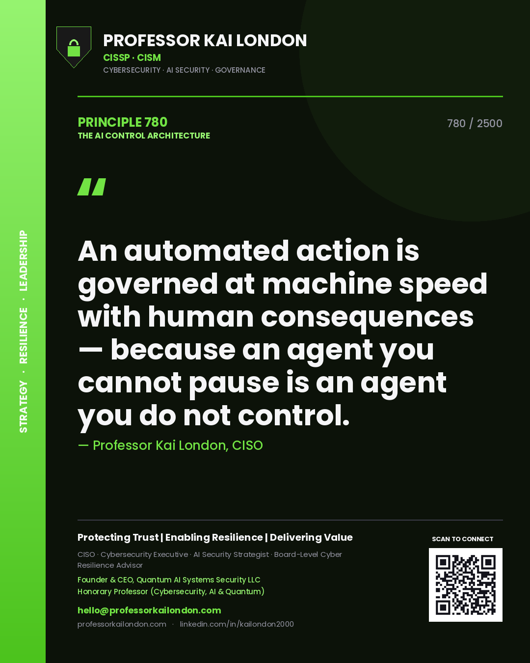 Professor Kai London principle 780: An automated action is governed at machine speed with human consequences — because an agent you cannot pause is an agent you do not control.