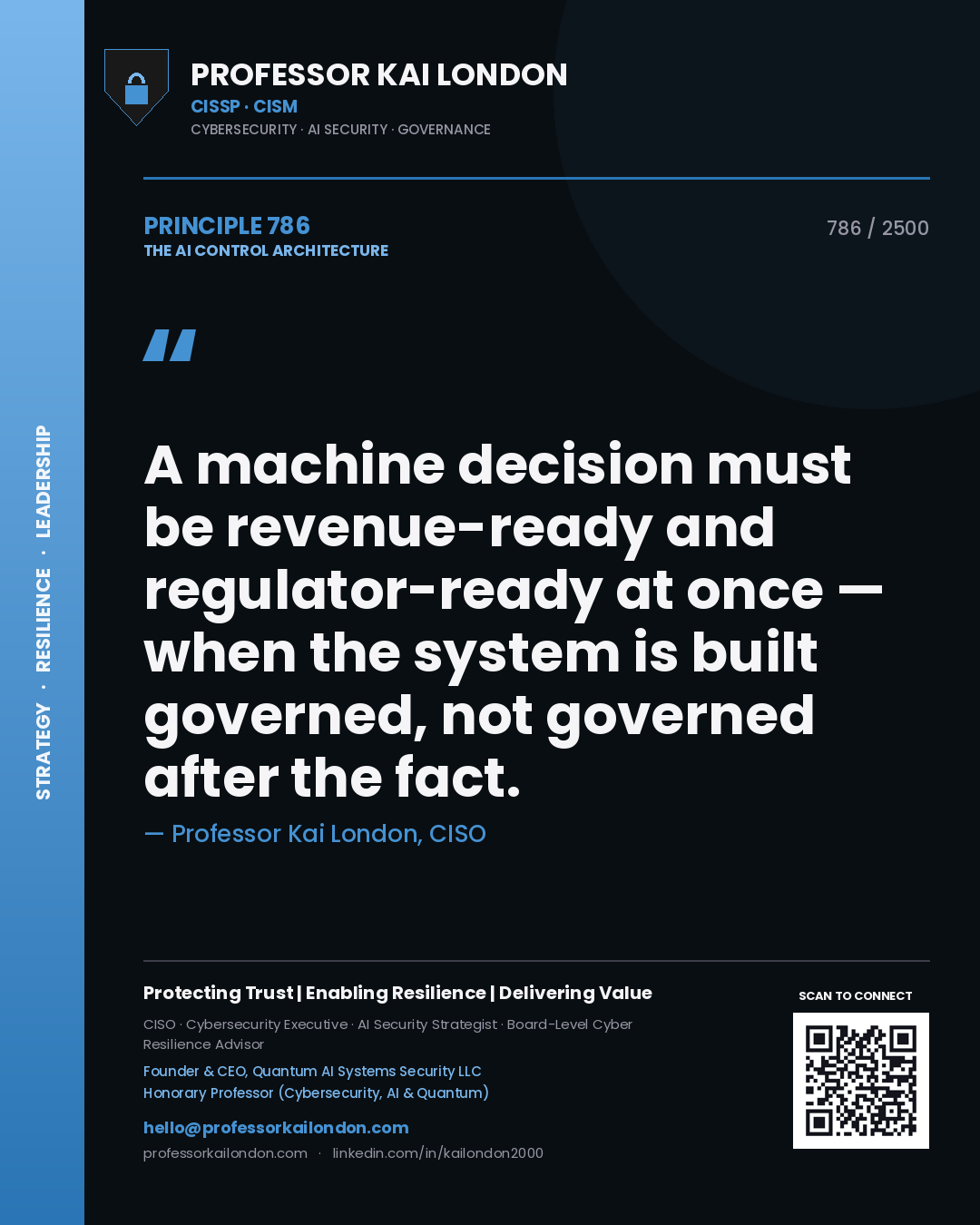 Professor Kai London principle 786: A machine decision must be revenue-ready and regulator-ready at once — when the system is built governed, not governed after the fact.