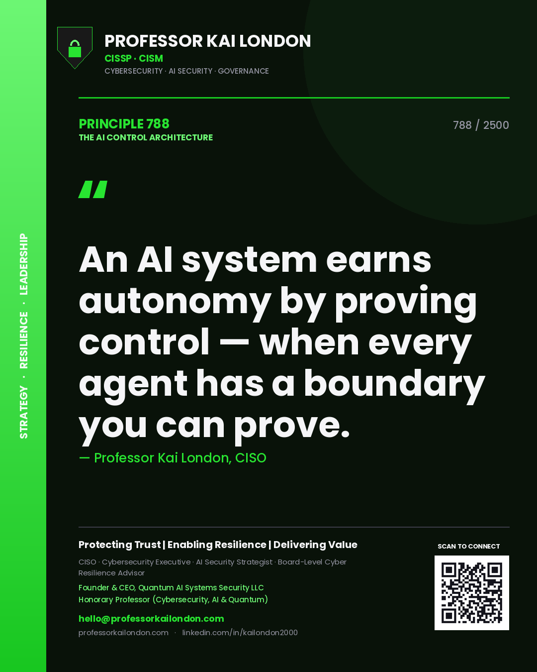Quote card by Professor Kai London reading 'An AI system earns autonomy by proving control — when every agent has a boundary you can prove.'. From the book The AI Control Architecture.