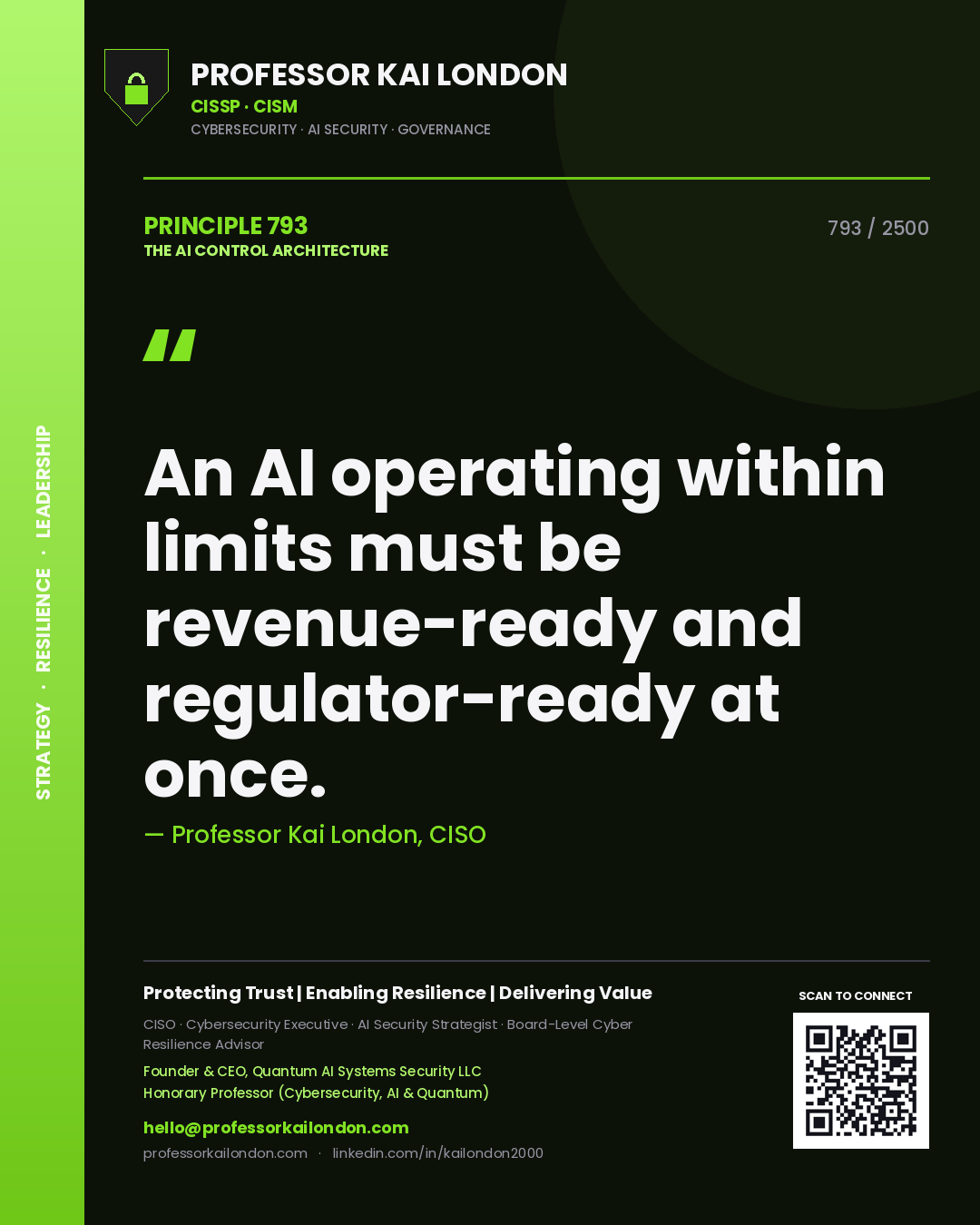 Professor Kai London principle 793: An AI operating within limits must be revenue-ready and regulator-ready at once.