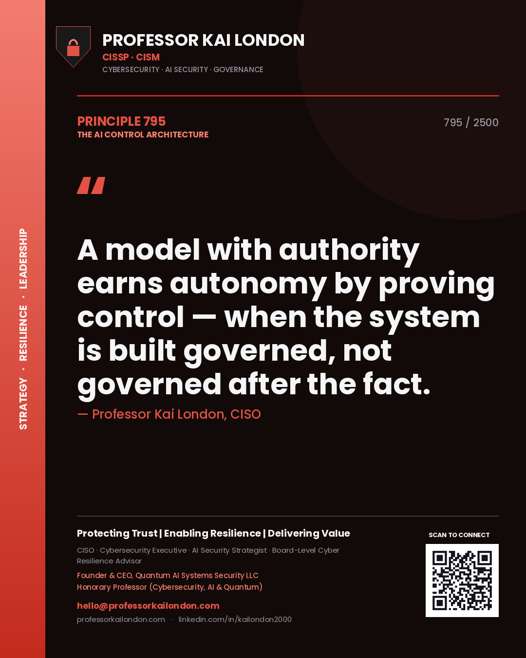 Professor Kai London principle 795: A model with authority earns autonomy by proving control — when the system is built governed, not governed after the fact.