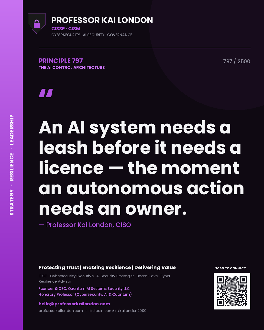 Quote card by Professor Kai London reading 'An AI system needs a leash before it needs a licence — the moment an autonomous action needs an owner.'. From the book The AI Control Architecture.