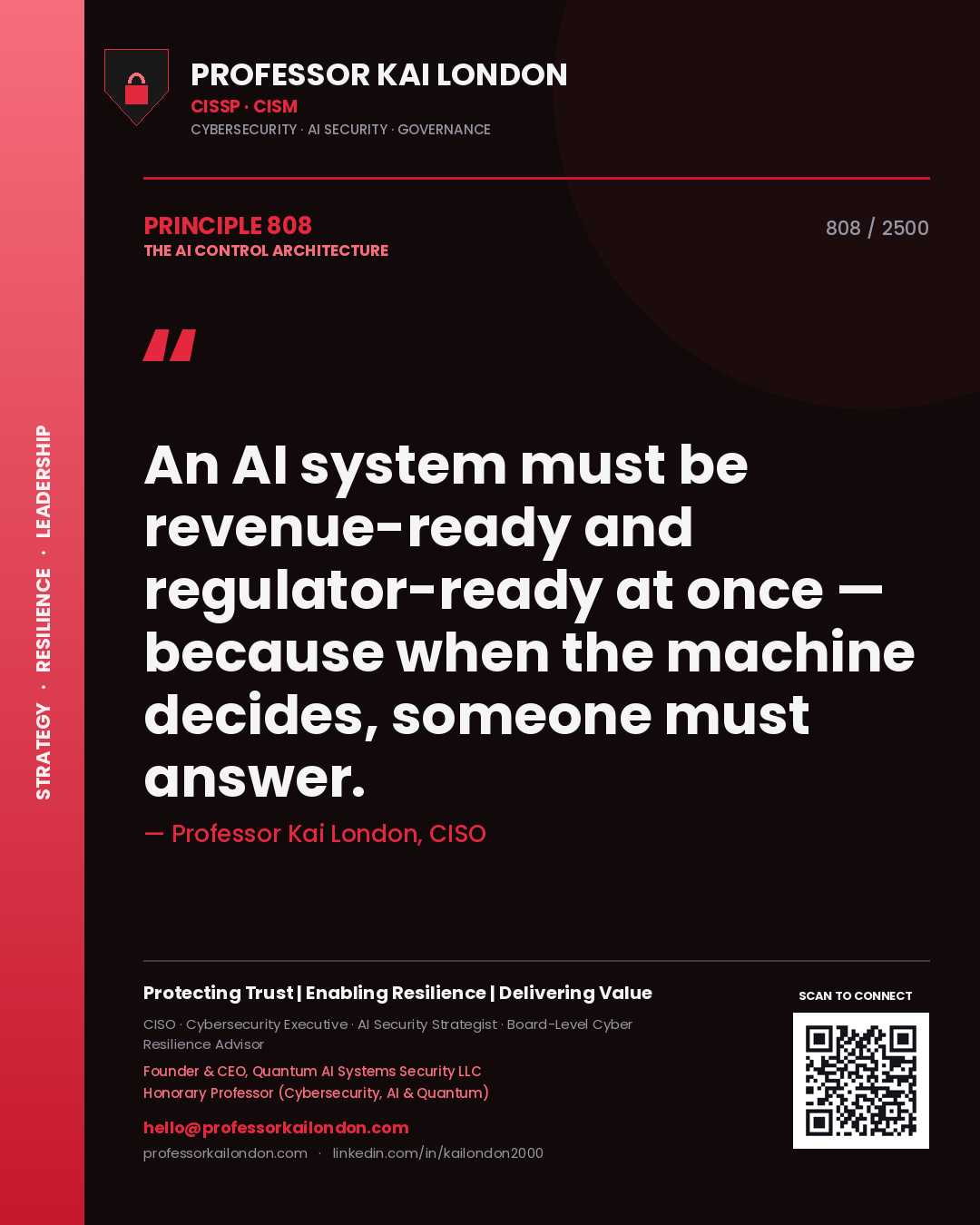 Quote card by Professor Kai London reading 'An AI system must be revenue-ready and regulator-ready at once — because when the machine decides, someone must answer.'. From the book The AI Control Architecture.