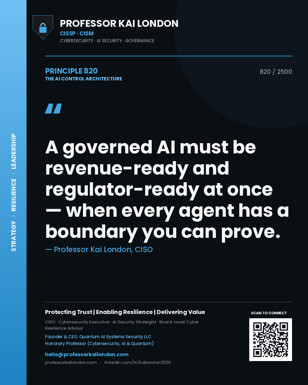 Quote card by Professor Kai London reading 'A governed AI must be revenue-ready and regulator-ready at once — when every agent has a boundary you can prove.'. From the book The AI Control Architecture.
