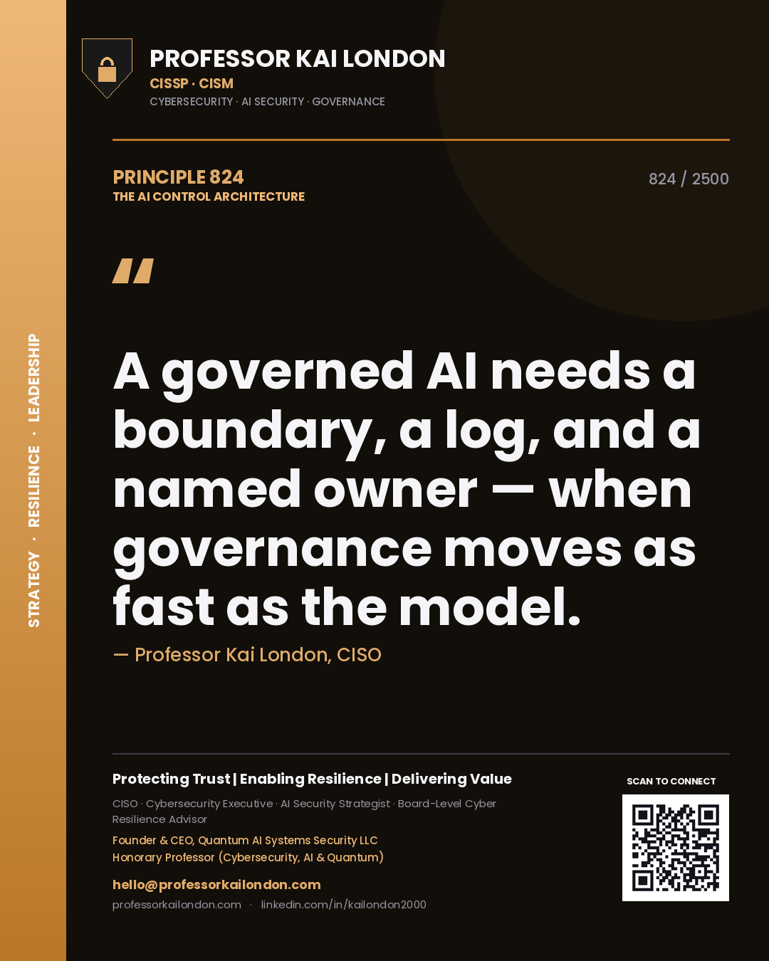 Professor Kai London principle 824: A governed AI needs a boundary, a log, and a named owner — when governance moves as fast as the model.