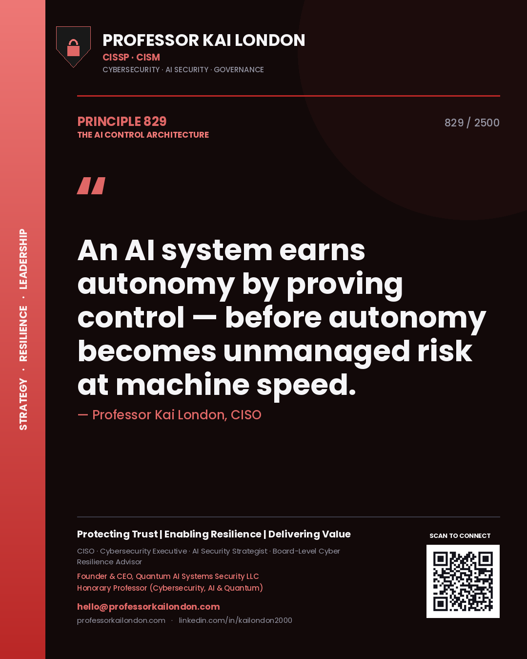 Professor Kai London principle 829: An AI system earns autonomy by proving control — before autonomy becomes unmanaged risk at machine speed.
