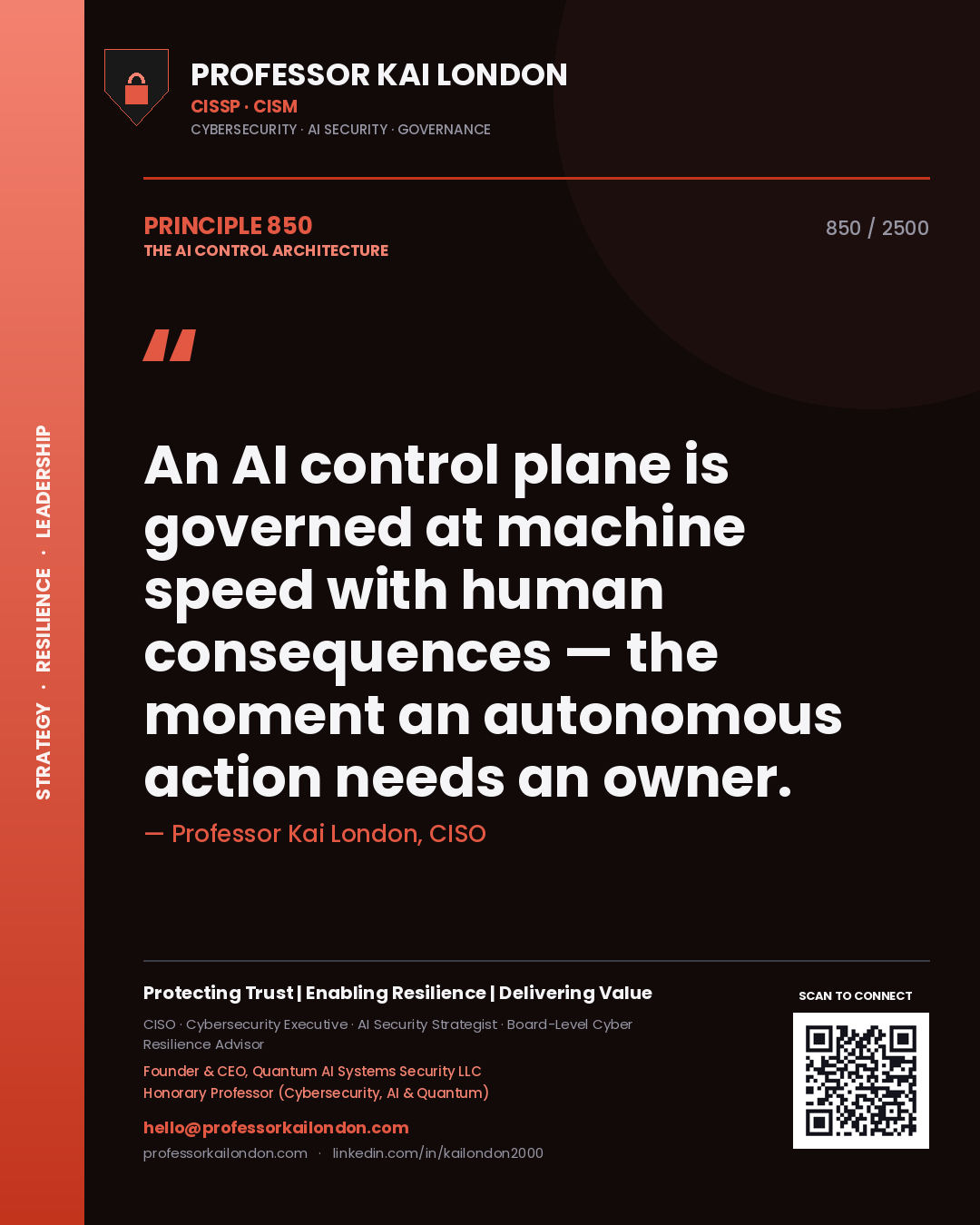 Professor Kai London principle 850: An AI control plane is governed at machine speed with human consequences — the moment an autonomous action needs an owner.