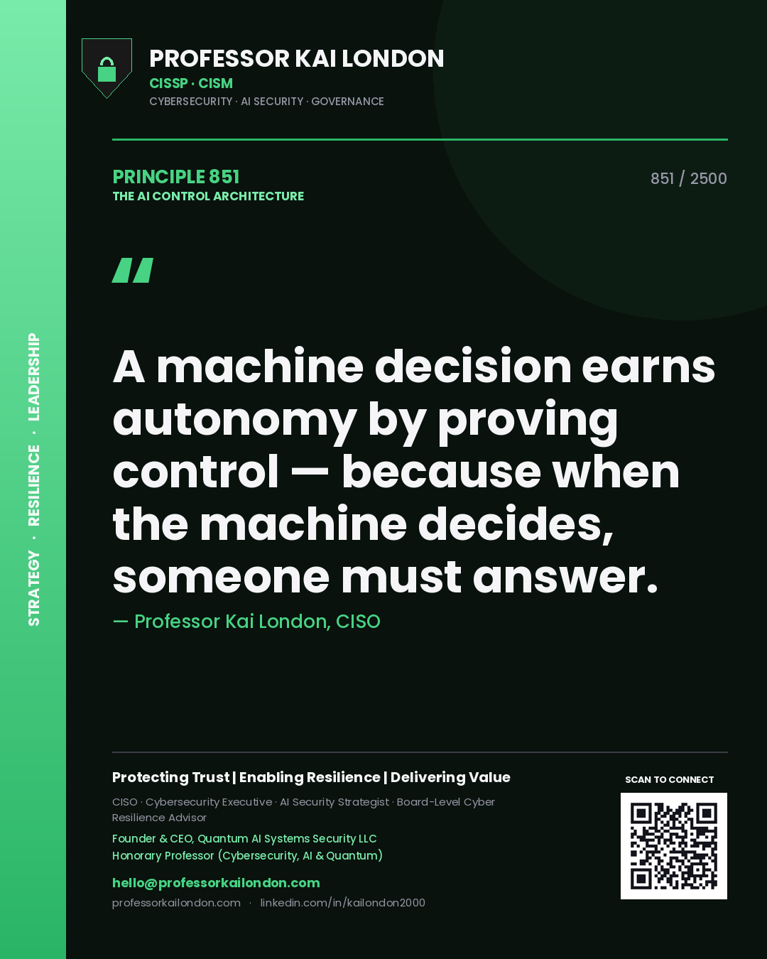 Professor Kai London principle 851: A machine decision earns autonomy by proving control — because when the machine decides, someone must answer.