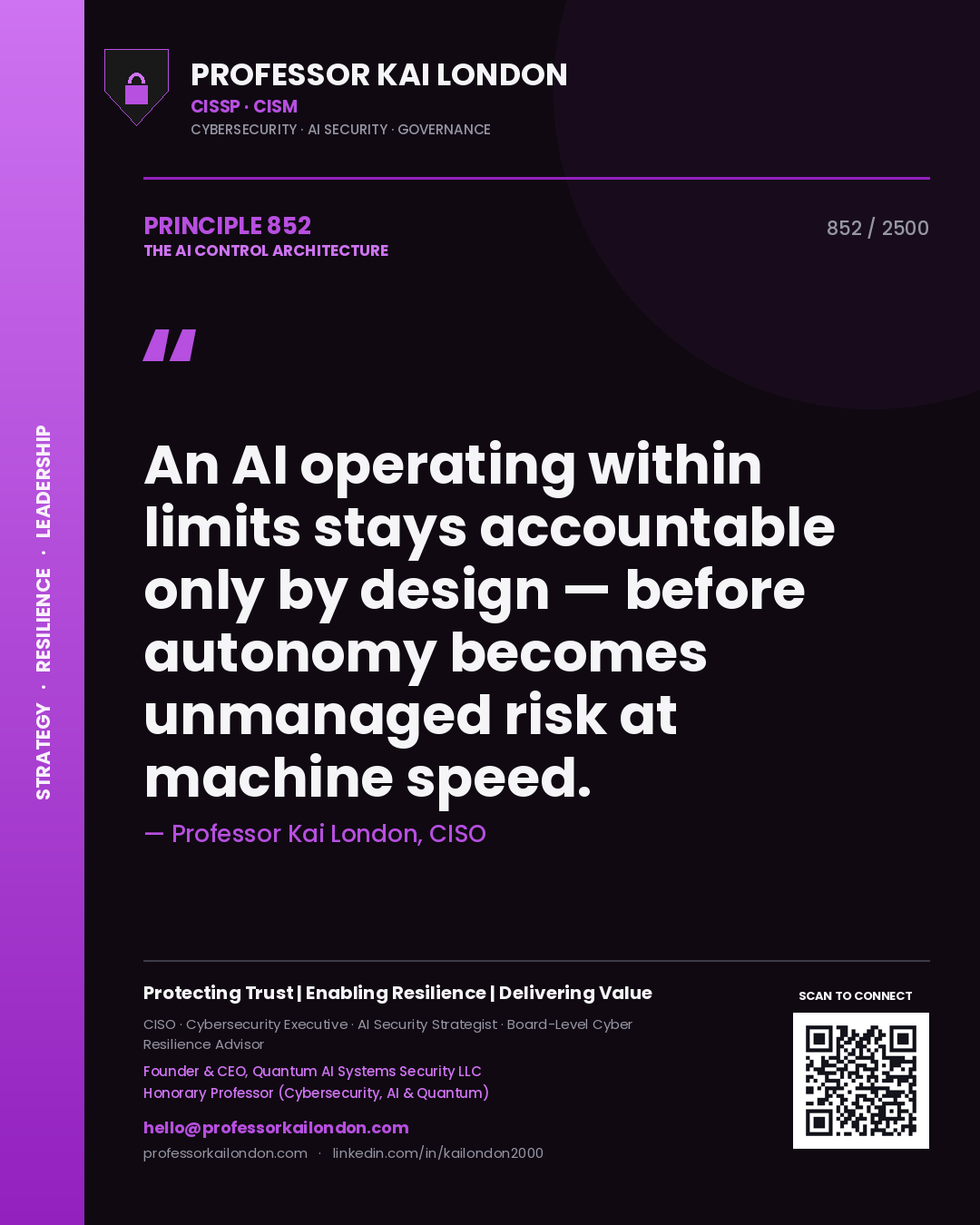 Professor Kai London principle 852: An AI operating within limits stays accountable only by design — before autonomy becomes unmanaged risk at machine speed.