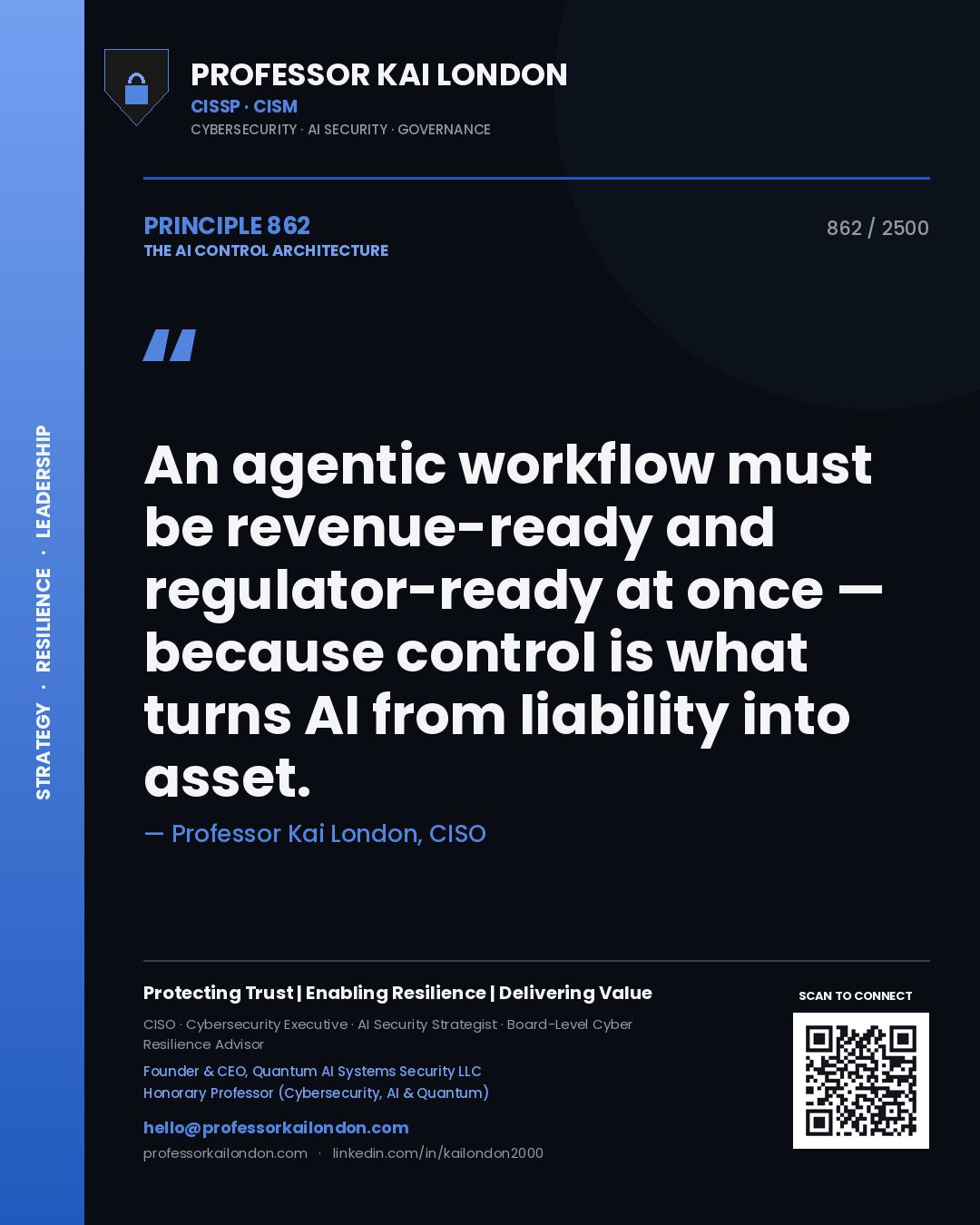 Professor Kai London principle 862: An agentic workflow must be revenue-ready and regulator-ready at once — because control is what turns AI from liability into asset.