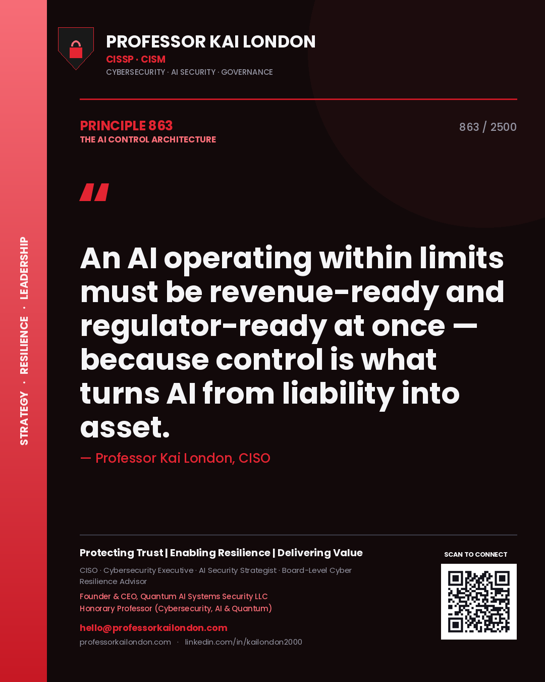 Quote card by Professor Kai London reading 'An AI operating within limits must be revenue-ready and regulator-ready at once — because control is what turns AI from liability into asset.'. From the book The AI Control Architecture.