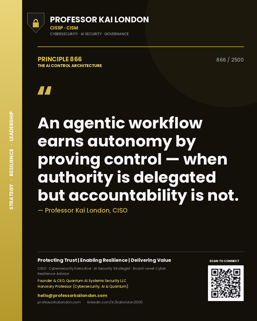 Quote card by Professor Kai London reading 'An agentic workflow earns autonomy by proving control — when authority is delegated but accountability is not.'. From the book The AI Control Architecture.