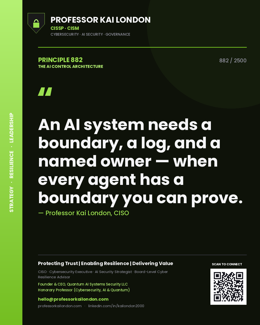 Professor Kai London principle 882: An AI system needs a boundary, a log, and a named owner — when every agent has a boundary you can prove.