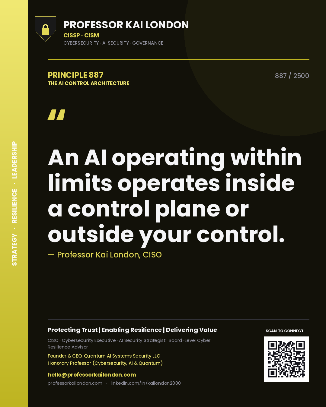 Quote card by Professor Kai London reading 'An AI operating within limits operates inside a control plane or outside your control.'. From the book The AI Control Architecture.