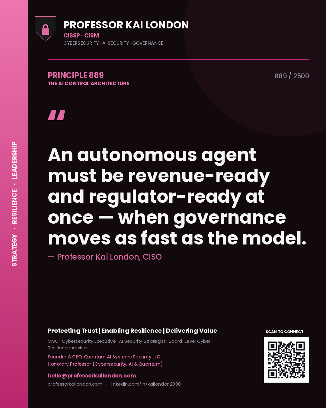 Professor Kai London principle 889: An autonomous agent must be revenue-ready and regulator-ready at once — when governance moves as fast as the model.