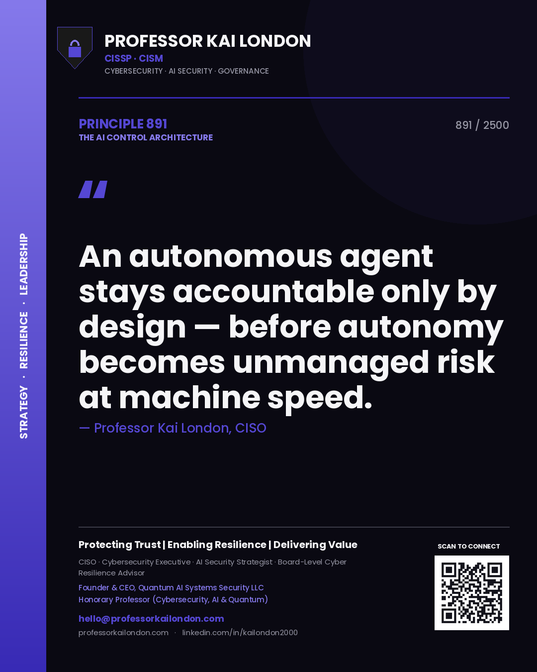 Professor Kai London principle 891: An autonomous agent stays accountable only by design — before autonomy becomes unmanaged risk at machine speed.