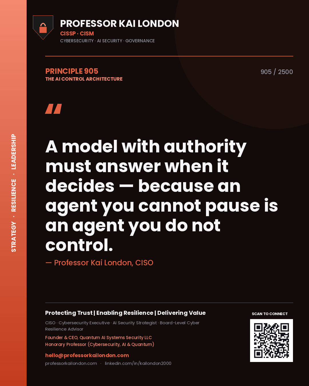 Quote card by Professor Kai London reading 'A model with authority must answer when it decides — because an agent you cannot pause is an agent you do not control.'. From the book The AI Control Architecture.