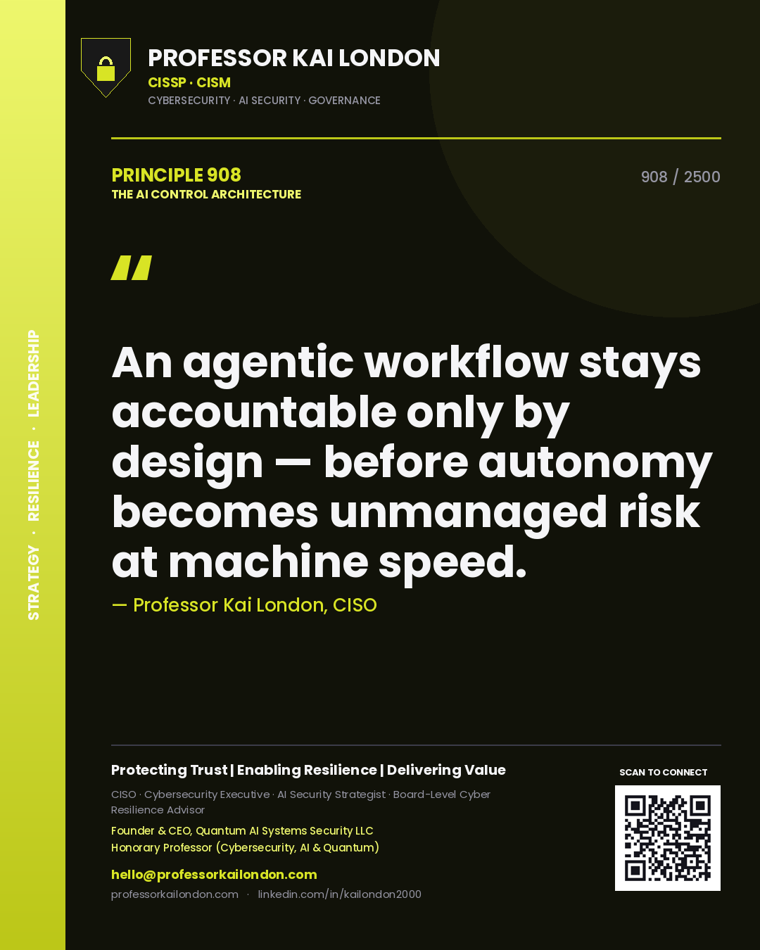 Professor Kai London principle 908: An agentic workflow stays accountable only by design — before autonomy becomes unmanaged risk at machine speed.