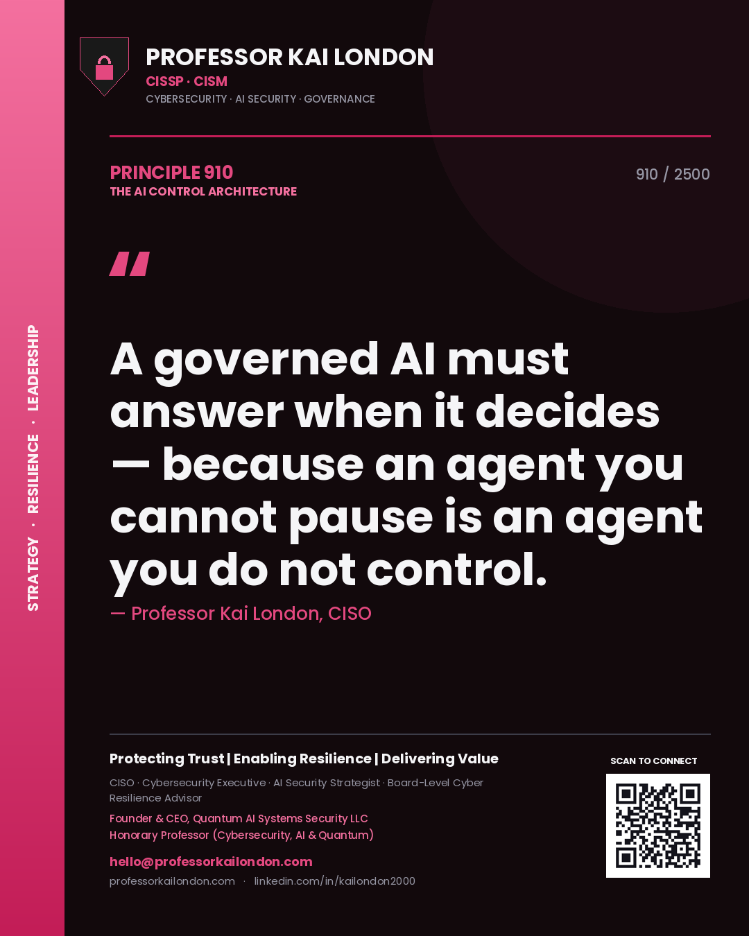 Quote card by Professor Kai London reading 'A governed AI must answer when it decides — because an agent you cannot pause is an agent you do not control.'. From the book The AI Control Architecture.
