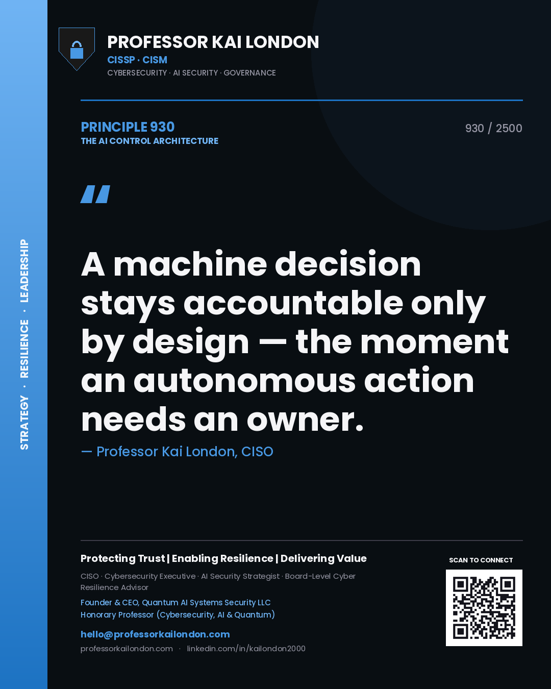 Quote card by Professor Kai London reading 'A machine decision stays accountable only by design — the moment an autonomous action needs an owner.'. From the book The AI Control Architecture.