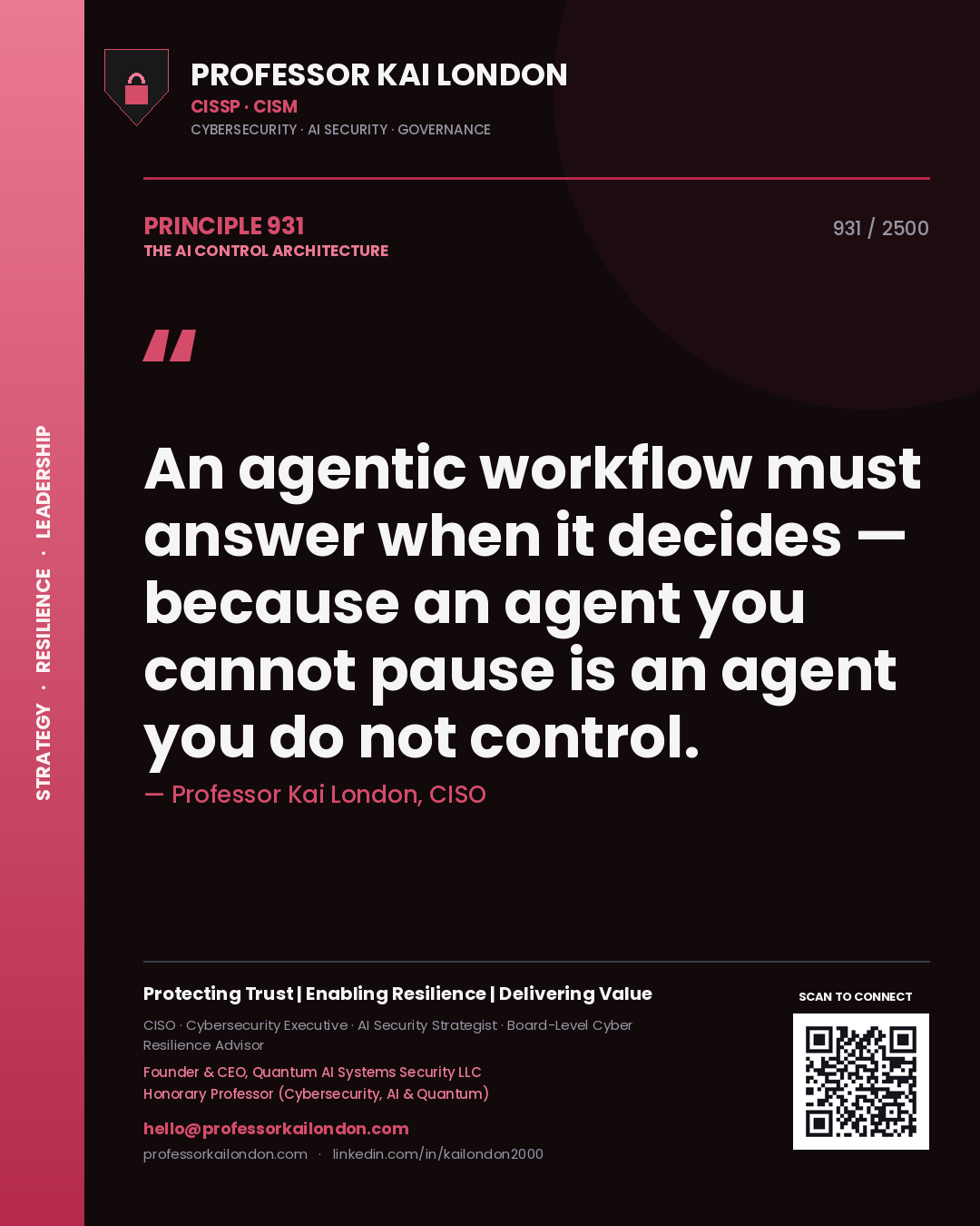 Professor Kai London principle 931: An agentic workflow must answer when it decides — because an agent you cannot pause is an agent you do not control.