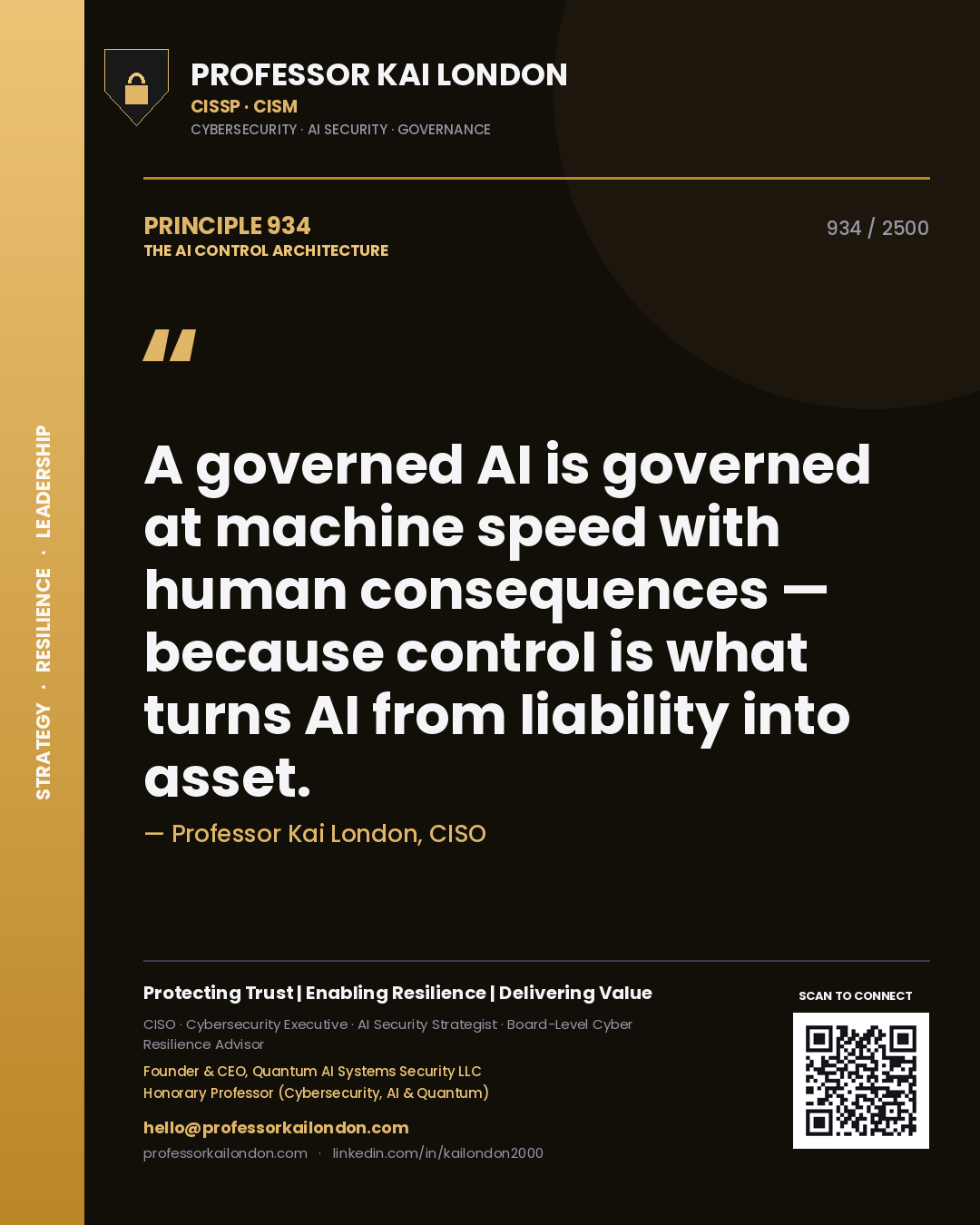 Professor Kai London principle 934: A governed AI is governed at machine speed with human consequences — because control is what turns AI from liability into asset.