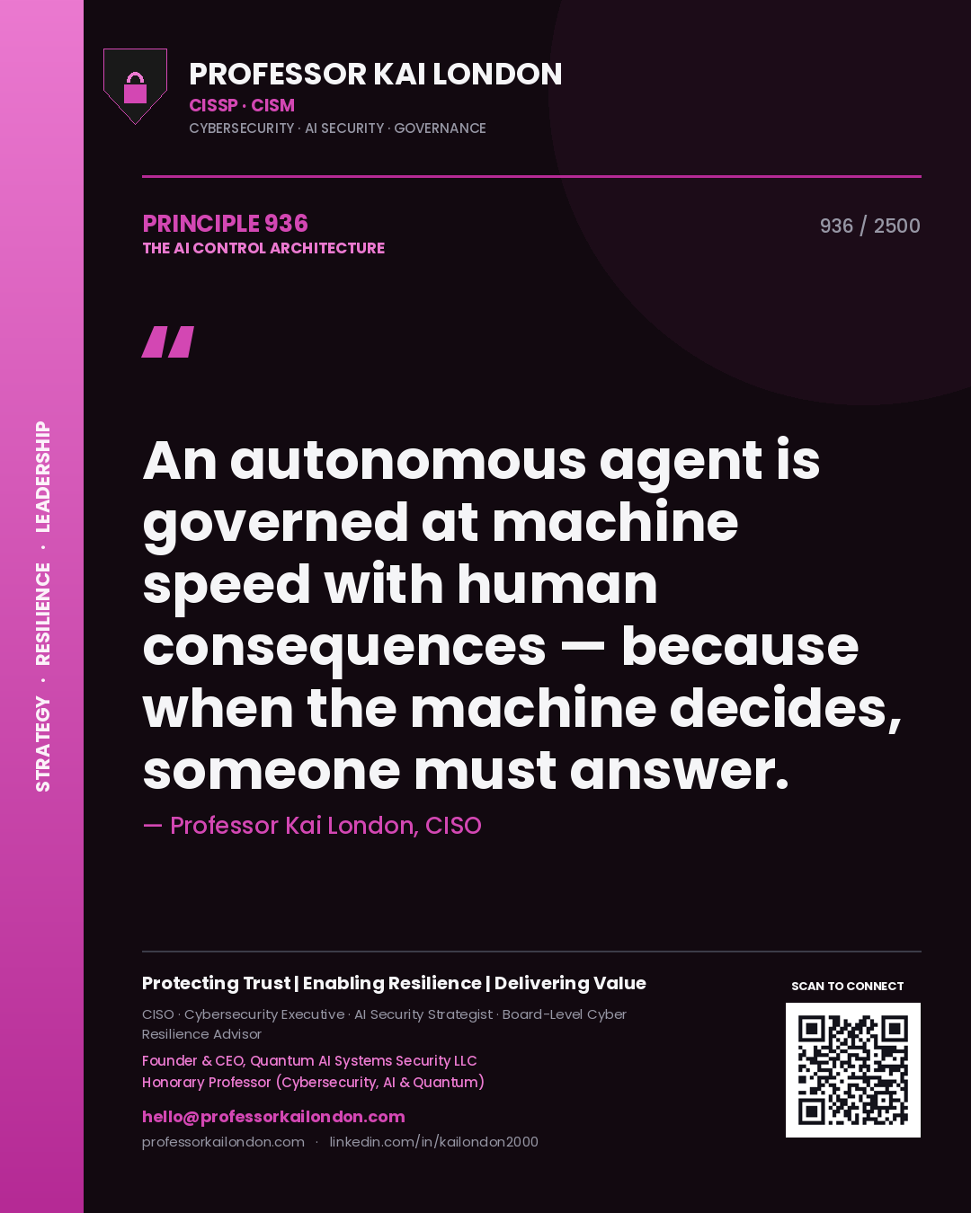 Quote card by Professor Kai London reading 'An autonomous agent is governed at machine speed with human consequences — because when the machine decides, someone must answer.'. From the book The AI Control Architecture.