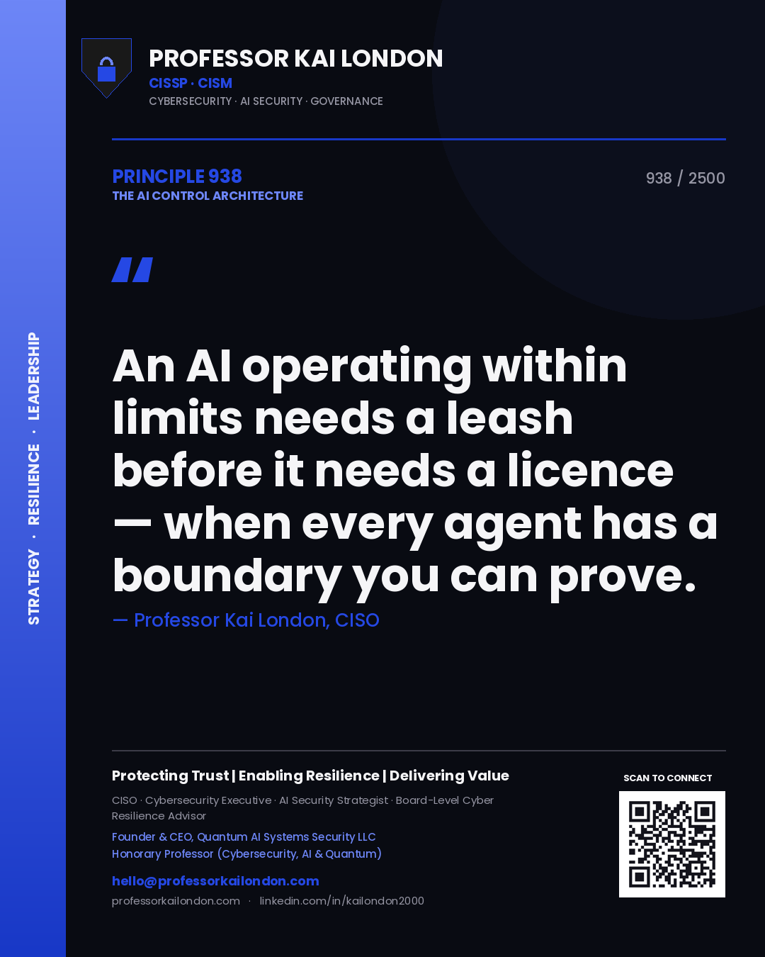 Quote card by Professor Kai London reading 'An AI operating within limits needs a leash before it needs a licence — when every agent has a boundary you can prove.'. From the book The AI Control Architecture.