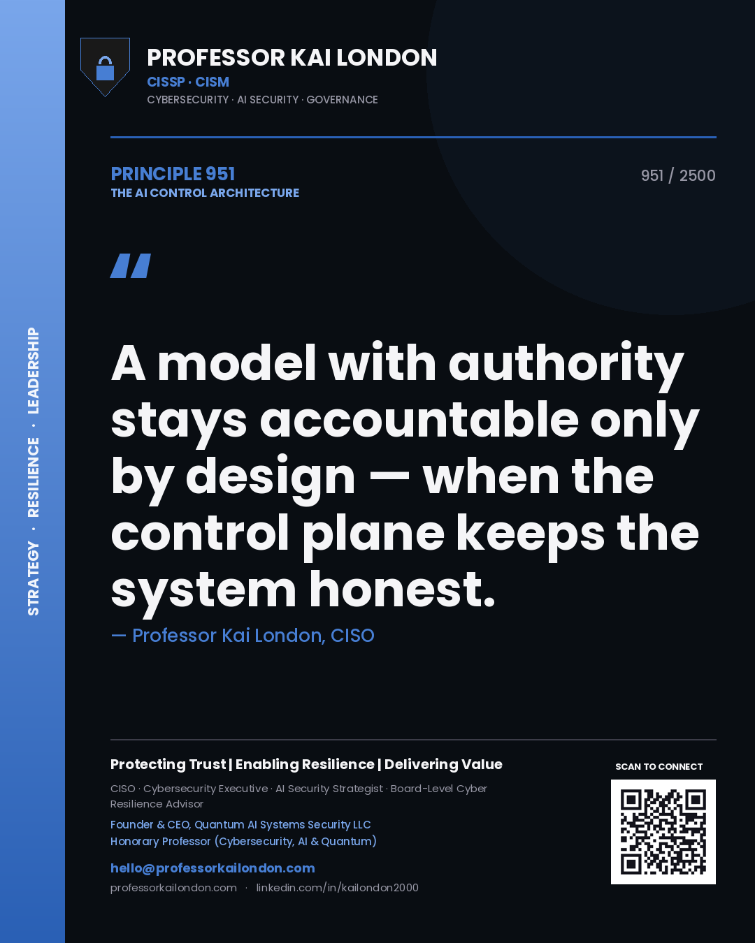 Quote card by Professor Kai London reading 'A model with authority stays accountable only by design — when the control plane keeps the system honest.'. From the book The AI Control Architecture.
