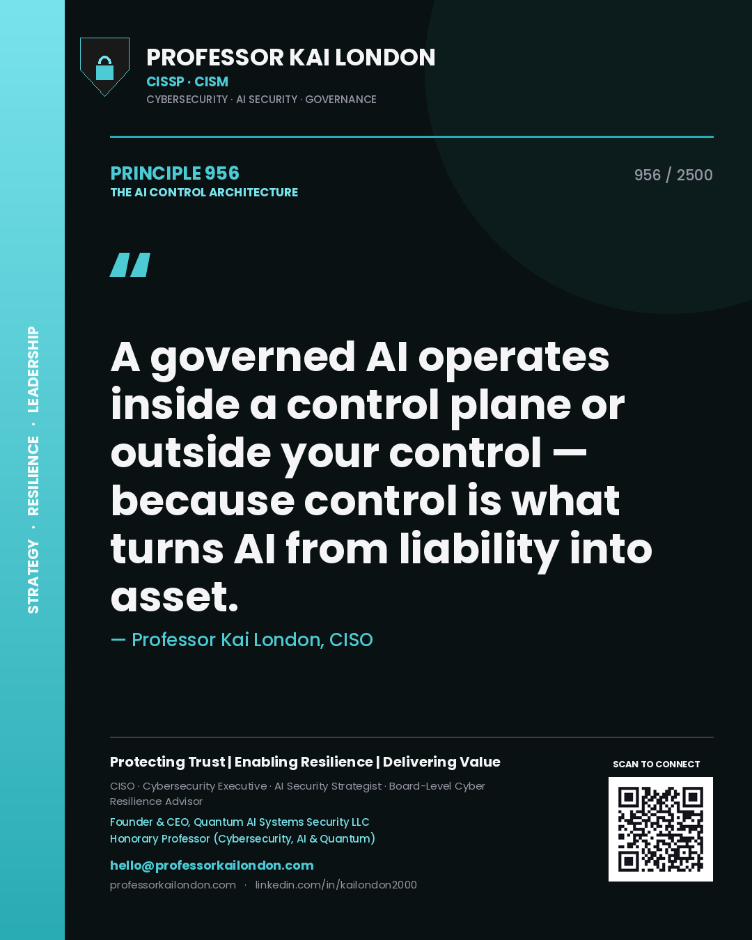 Professor Kai London principle 956: A governed AI operates inside a control plane or outside your control — because control is what turns AI from liability into asset.