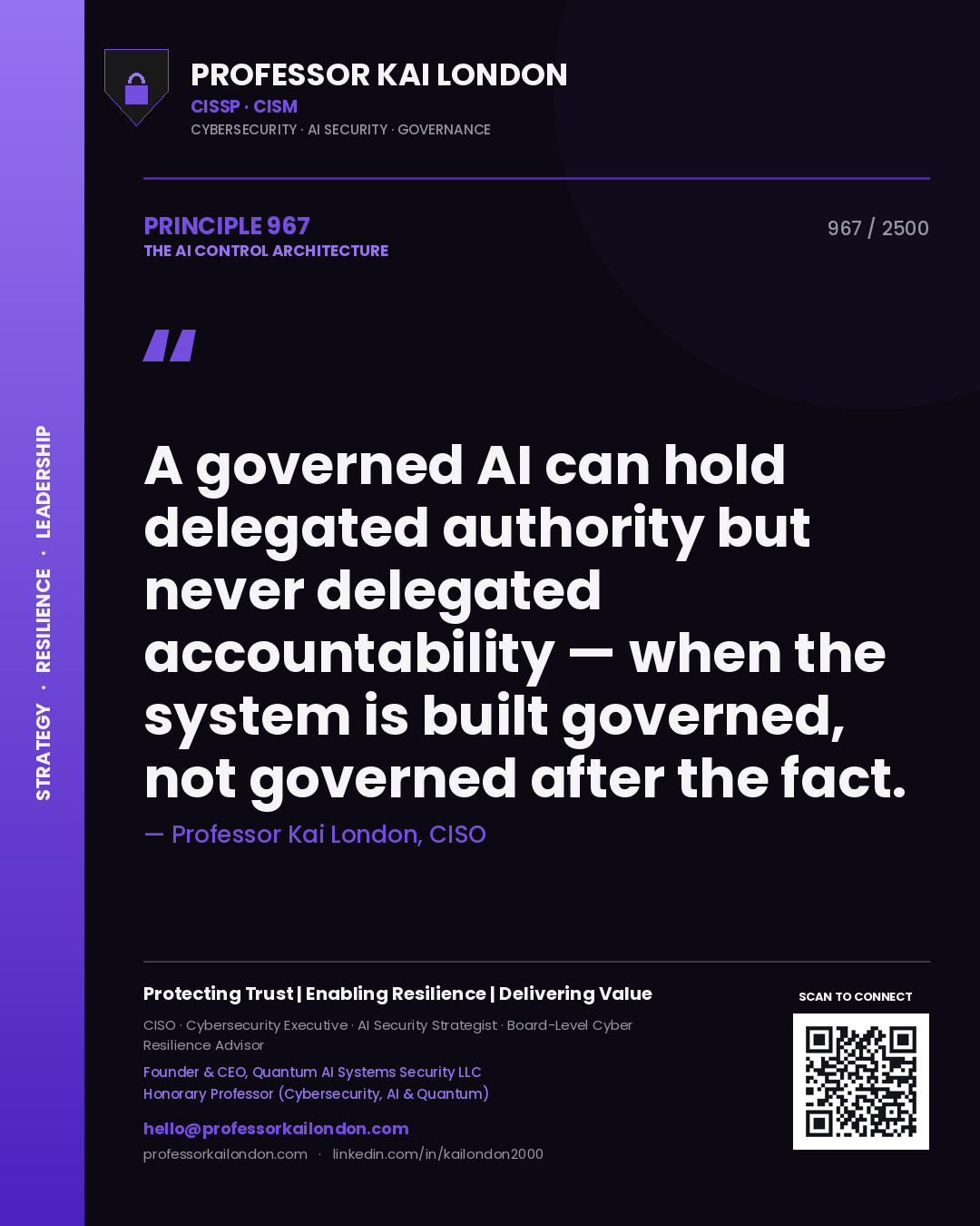 Quote card by Professor Kai London reading 'A governed AI can hold delegated authority but never delegated accountability — when the system is built governed, not governed after the fact.'. From the book The AI Control Architecture.