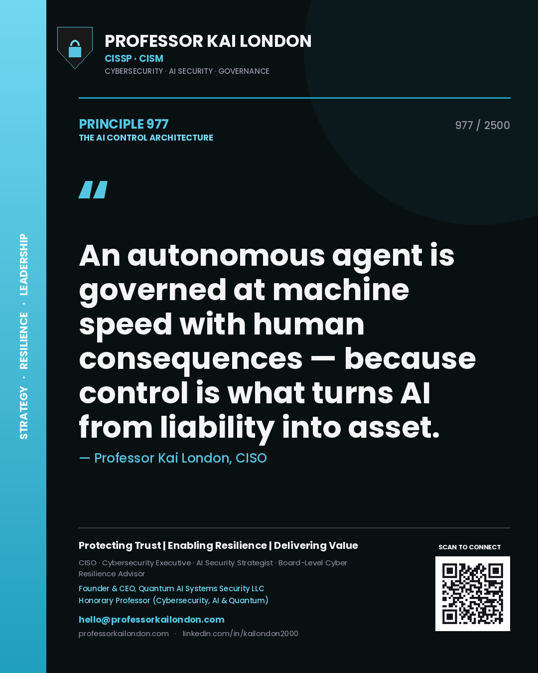 Quote card by Professor Kai London reading 'An autonomous agent is governed at machine speed with human consequences — because control is what turns AI from liability into asset.'. From the book The AI Control Architecture.
