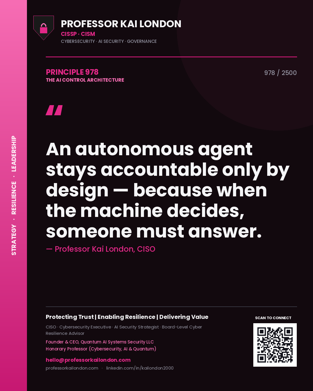 Quote card by Professor Kai London reading 'An autonomous agent stays accountable only by design — because when the machine decides, someone must answer.'. From the book The AI Control Architecture.