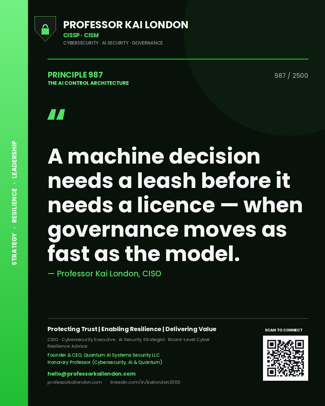 Quote card by Professor Kai London reading 'A machine decision needs a leash before it needs a licence — when governance moves as fast as the model.'. From the book The AI Control Architecture.