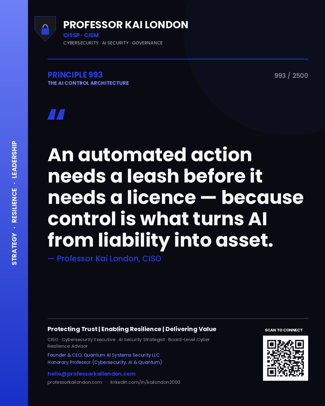Professor Kai London principle 993: An automated action needs a leash before it needs a licence — because control is what turns AI from liability into asset.