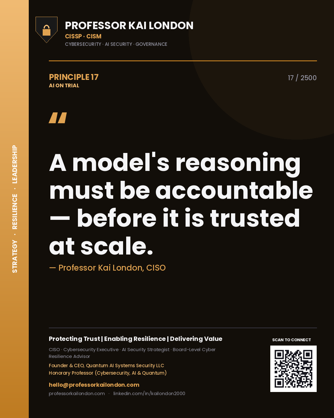 Quote card by Professor Kai London reading 'A model's reasoning must be accountable — before it is trusted at scale.'. From the book AI on Trial.