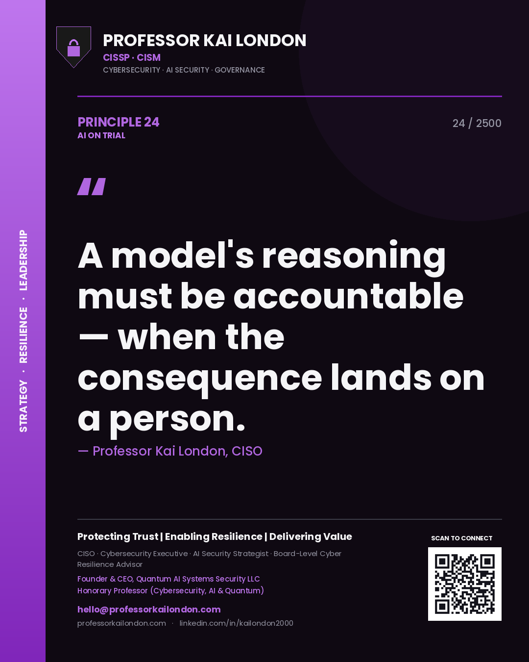 Professor Kai London principle 24: A model's reasoning must be accountable — when the consequence lands on a person.