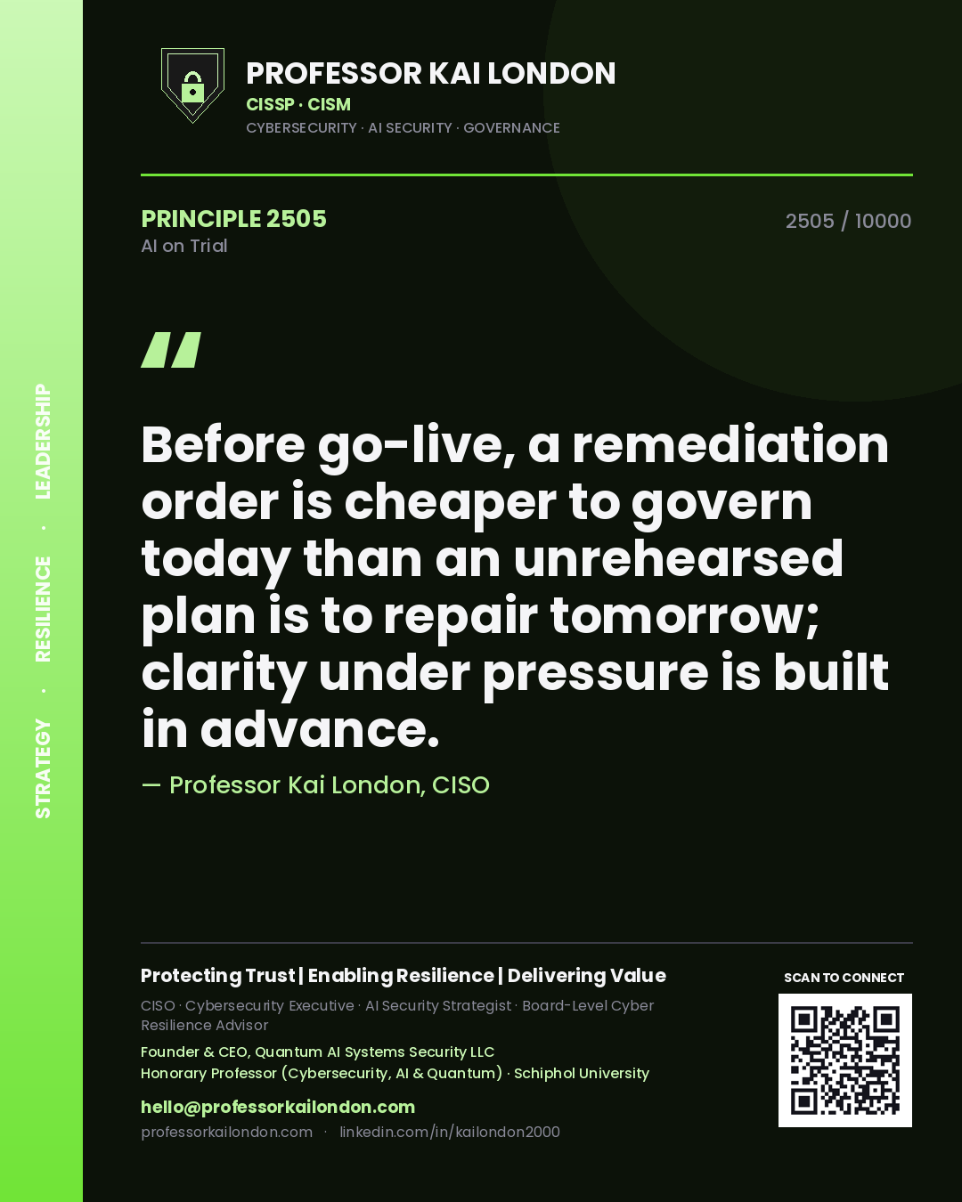 Quote card by Professor Kai London reading 'Before go-live, a remediation order is cheaper to govern today than an unrehearsed plan is to repair tomorrow; clarity under pressure is built in advance.'. From the book AI on Trial.