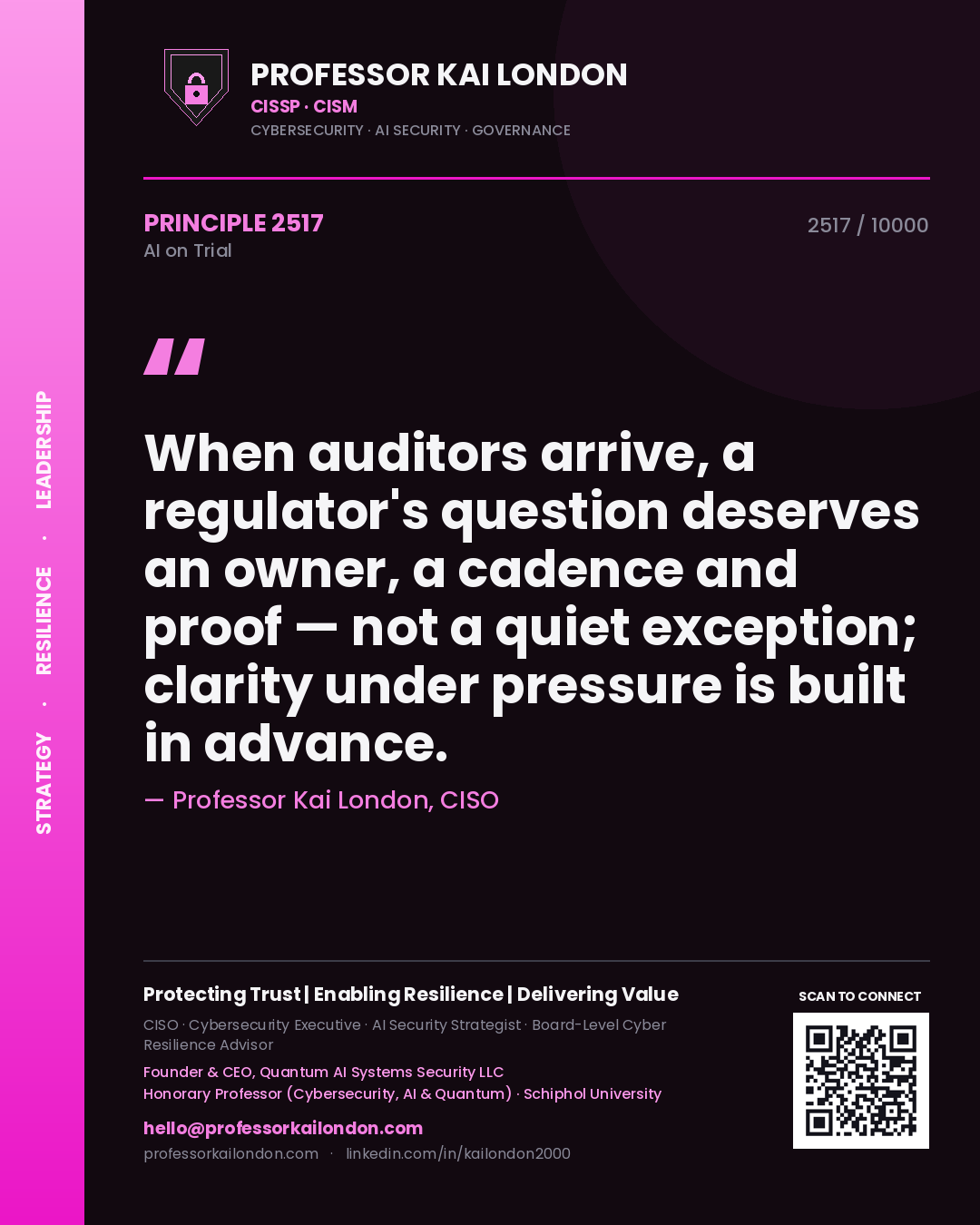 Quote card by Professor Kai London reading 'When auditors arrive, a regulator's question deserves an owner, a cadence and proof — not a quiet exception; clarity under pressure is built in advance.'. From the book AI on Trial.