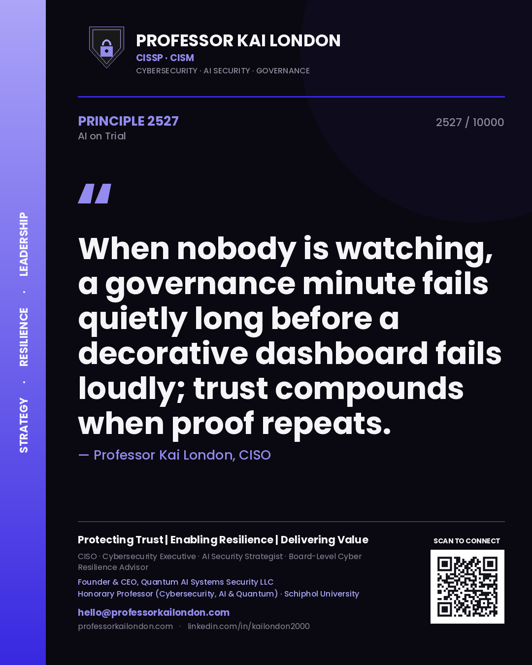 Quote card by Professor Kai London reading 'When nobody is watching, a governance minute fails quietly long before a decorative dashboard fails loudly; trust compounds when proof repeats.'. From the book AI on Trial.