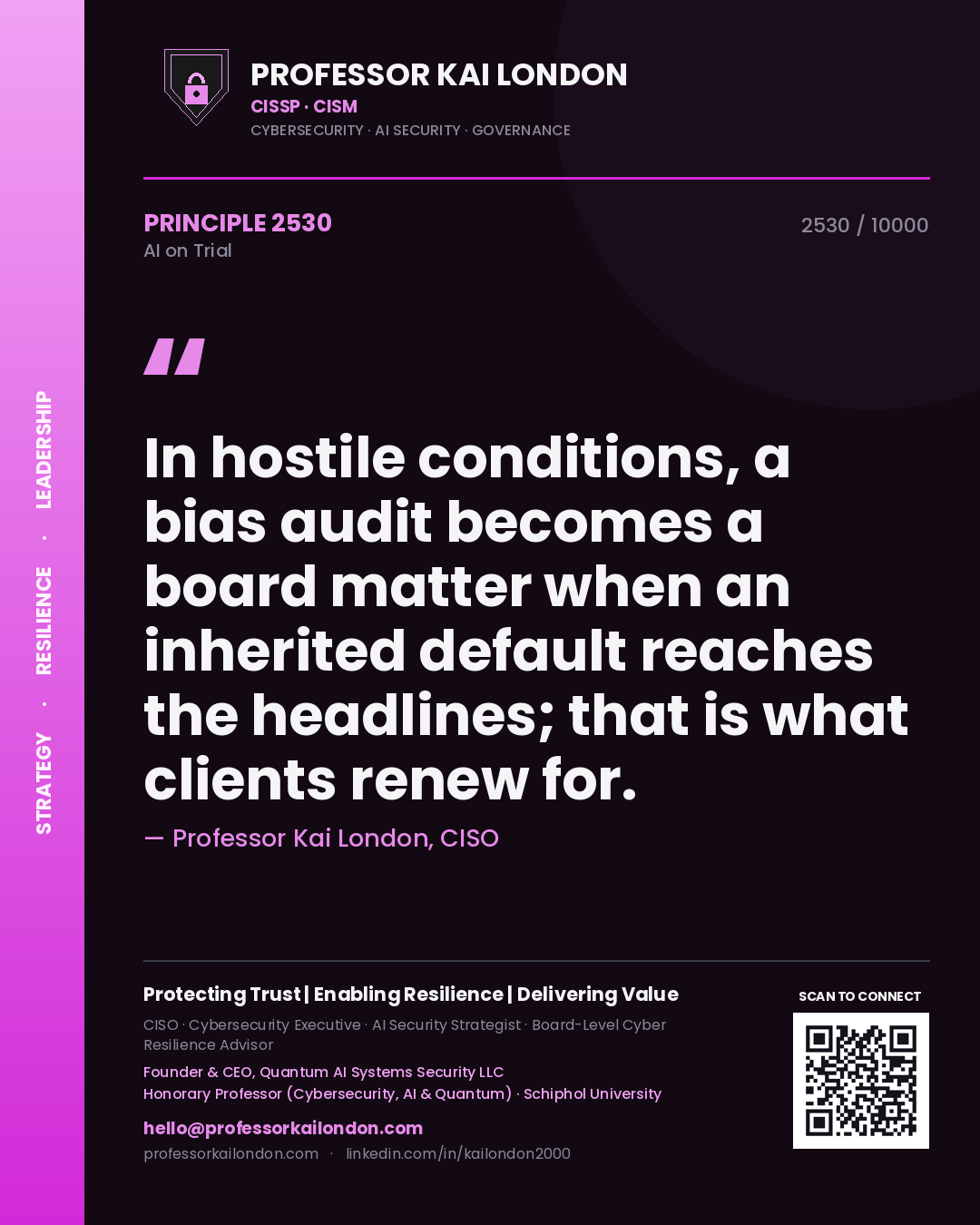 Professor Kai London principle 2530: In hostile conditions, a bias audit becomes a board matter when an inherited default reaches the headlines; that is what clients renew for.