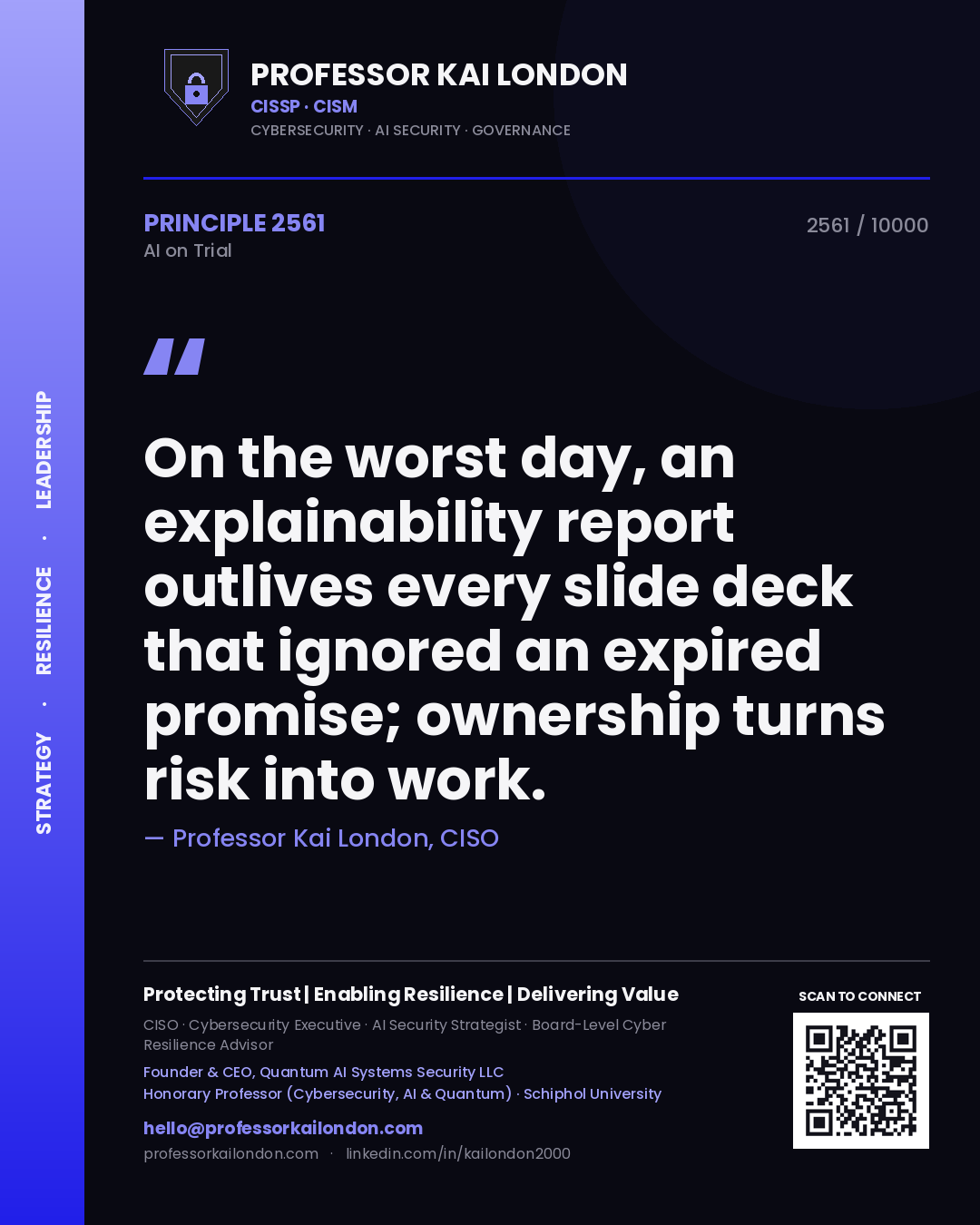 Quote card by Professor Kai London reading 'On the worst day, an explainability report outlives every slide deck that ignored an expired promise; ownership turns risk into work.'. From the book AI on Trial.