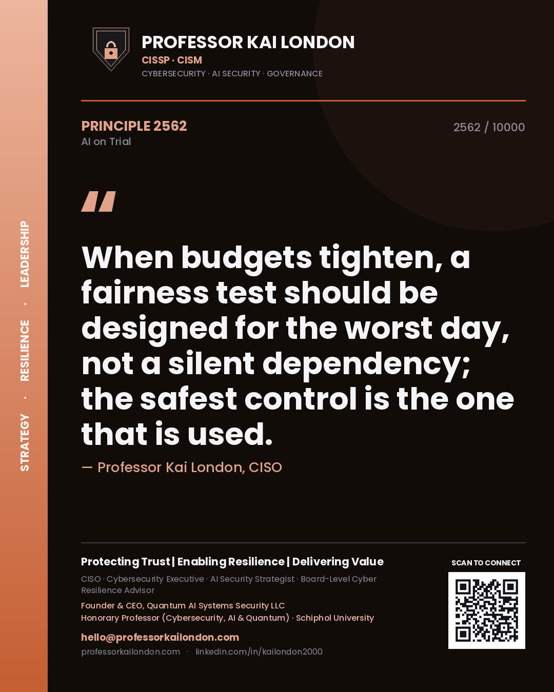 Quote card by Professor Kai London reading 'When budgets tighten, a fairness test should be designed for the worst day, not a silent dependency; the safest control is the one that is used.'. From the book AI on Trial.