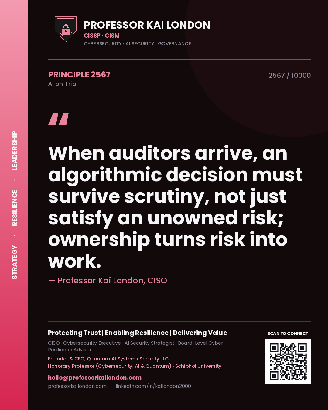 Quote card by Professor Kai London reading 'When auditors arrive, an algorithmic decision must survive scrutiny, not just satisfy an unowned risk; ownership turns risk into work.'. From the book AI on Trial.